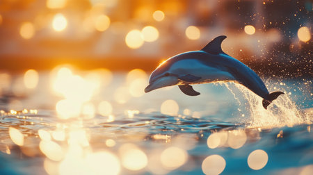 A vibrant scene showcases a dolphin gracefully leaping out of the water, illuminated by sunlight reflections. This image captures the essence of freedom and the beauty of nature in its tranquil environment.の素材