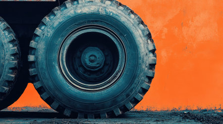 A close-up view of a large industrial tire set against a vibrant orange wall, showcasing the texture and details essential for construction and machinery themes.の素材