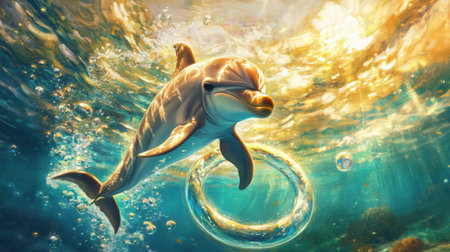 A playful dolphin swims gracefully underwater, surrounded by shimmering sunlight and bubbles. The vibrant ocean scene captures the essence of marine life and joyful exploration.の素材