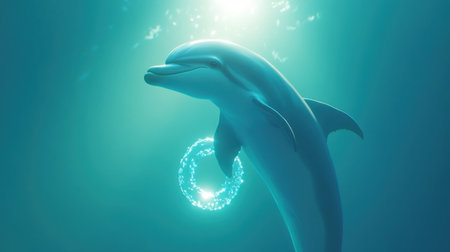 A playful dolphin glides gracefully through clear blue ocean water, surrounded by bubbles and shimmering sunlight rays, symbolizing freedom and tranquility.の素材