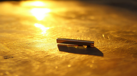 A stunning closeup of an elegant metallic clip resting on a gleaming surface, illuminated by warm sunlight. This image captures the essence of simplicity and beauty, offering a minimalistic vibe perfect for showcasing craftsmanship and elegance.の素材