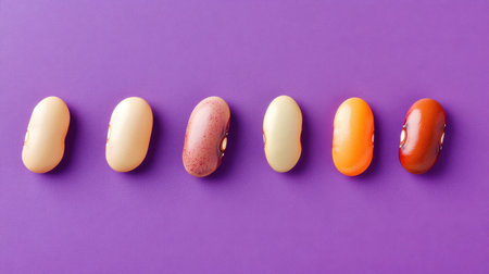 An enticing display of assorted jelly beans arranged in a row against a vivid purple background, perfect for showcasing colorful candy themes and sweet treats.の素材