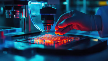 A scientist carefully examines a laboratory sample under a microscope in a high-tech environment bathed in vibrant neon lighting, showcasing innovation in research.の素材