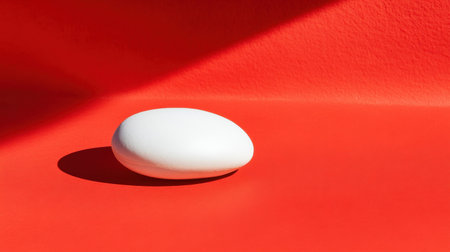 A smooth white stone rests on a vibrant red background, showcasing a striking contrast that highlights minimalist aesthetics perfect for decor and design.の素材