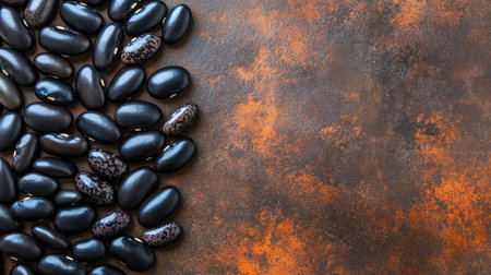 A beautiful arrangement of assorted black beans on a rustic metal background, perfect for culinary themes, healthy eating, and organic cooking inspiration.の素材