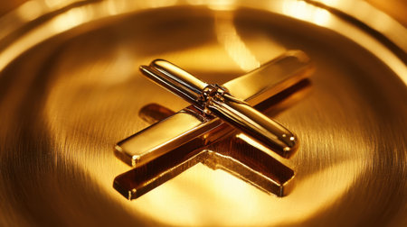 This captivating image features an elegant golden cross resting on a reflective golden surface, capturing an essence of warmth and luxury with its intricate details and soft lighting.の素材