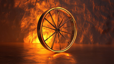 A striking image of a wheel with a glowing rim positioned on a reflective surface, set against a backdrop of dramatic fiery textures, creating an artistic composition.の素材