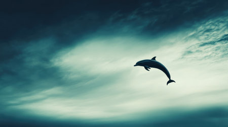 A stunning image of a dolphin leaping into the air, captured against a moody and dramatic cloudy sky. This shot symbolizes freedom and grace in nature.の素材