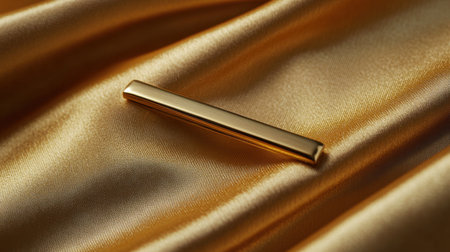 This image features a sleek gold bar resting on a rich satin fabric, capturing luxury and elegance. The soft light highlights the smooth texture and shine.の素材