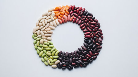 A captivating circular arrangement of various beans showcases a vibrant display of colors and textures, emphasizing healthy eating and natural ingredients.の素材