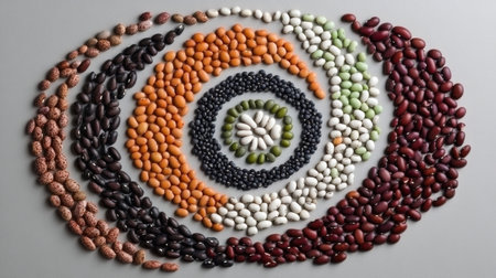 This striking image showcases a vibrant circular arrangement of various beans on a gray background, perfect for recipes, health blogs, and culinary inspiration.の素材