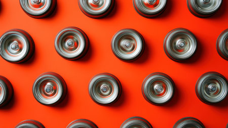 This image features a striking arrangement of metallic wheels set against a bright orange background, creating a dynamic and visually engaging pattern.の素材
