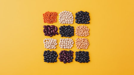 Vibrant display of various dried beans arranged artfully on a bright yellow background, showcasing healthy eating options and diverse culinary uses.の素材