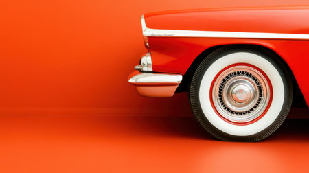 A stunning side view of a classic red vintage car featuring a white wall tire, set against a bright orange background. Ideal for retro-themed design.の素材