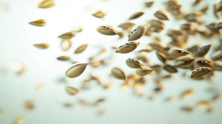 This image showcases pumpkin seeds gracefully floating in the air against a soft blue background, emphasizing their natural texture and shape. Perfect for food-related themes.の素材