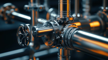 This image captures a detailed close-up of industrial chrome pipes and valves, illuminated with dynamic blue and orange lighting, highlighting the machinery's precision.の素材