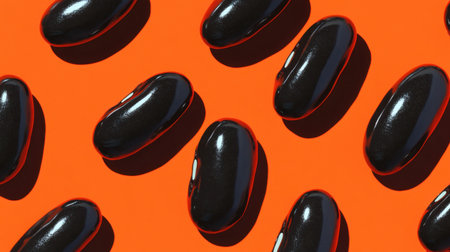 This image features glossy black beans arranged on a vibrant orange background, highlighting the contrast and texture for culinary inspirations and creative food presentations.の素材