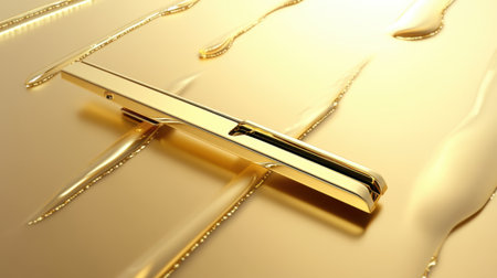 A gleaming gold metal pen rests on a smooth, shiny liquid surface, creating a captivating visual. The combination of textures evokes elegance and luxury.の素材