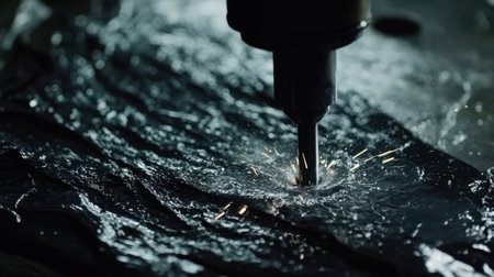 An industrial scene capturing a metal cutting machine in action, generating sparks while employing water cooling. The image highlights dynamic movement and detail.の素材