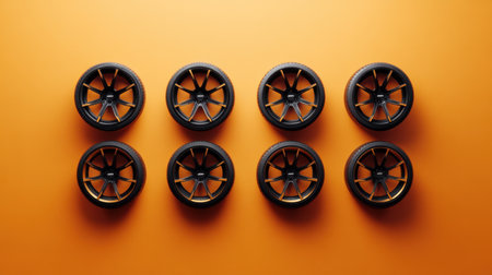 A striking arrangement of high-performance car wheels on a vibrant orange background. Perfect for automotive enthusiasts, designers, and marketing visuals.の素材