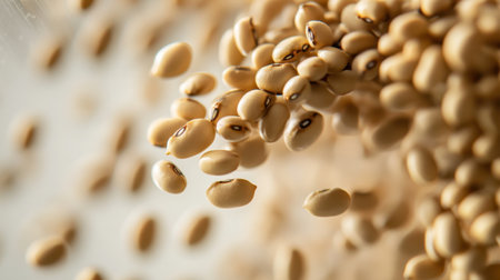 Captivating close-up view of light brown seeds falling gracefully against a soft background, highlighting organic food, nutrition, and culinary potential.の素材