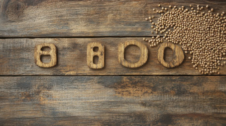 A close-up of wooden numbers arranged on a rustic table, complemented by scattered seeds, creating a harmonious blend of earthy textures and colors.の素材