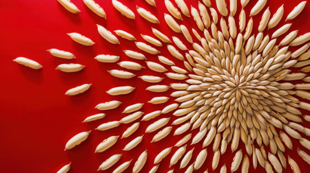 An artistic display of shells arranged in a spiral pattern on a striking red background. This composition captures the essence of beach life and creativity.の素材