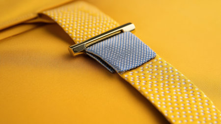 This image showcases a vibrant yellow tie featuring a textured blue accent and a sleek gold tie clip, perfect for stylish formal wear and professional attire.の素材