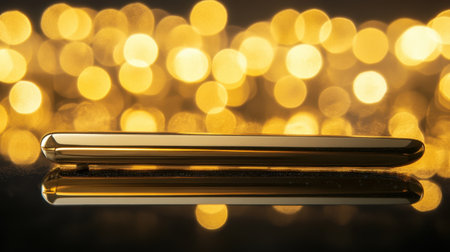 A sleek golden pen rests on a reflective surface, surrounded by a soft golden bokeh that creates a warm, inviting atmosphere perfect for artistic and creative projects.の素材