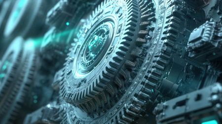 Explore an intricate close-up view of gleaming metallic gears featuring a futuristic design intertwined with glowing elements, perfect for showcasing technology and engineering themes.の素材