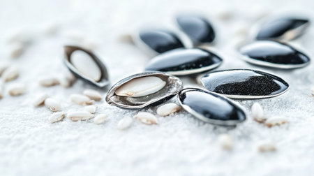 This close-up image showcases an arrangement of black and white seeds resting on a soft surface, highlighting intricate textures and natural beauty.の素材