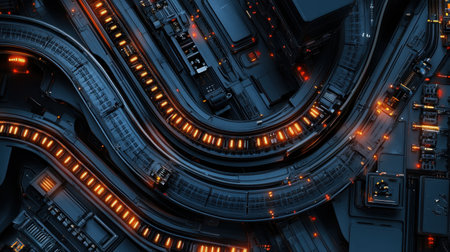 This stunning abstract image captures a futuristic cityscape with intricate road systems illuminated by vibrant orange lights against a dark background.の素材