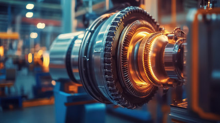 This close-up image captures the intricate design of an industrial turbine, emphasizing engineering precision and technological sophistication in manufacturing.の素材