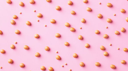 This vibrant image showcases a colorful arrangement of orange eggs and small spheres against a pastel pink background, perfect for design projects.の素材