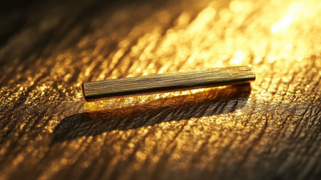 A striking image of a shiny gold bar resting on a textured surface, capturing the warm reflections of light and showcasing elegant details.の素材