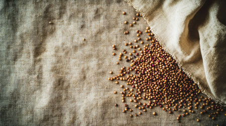 Beautiful close-up of scattered mustard seeds on a natural linen fabric, showcasing their earthy texture and warm tones, perfect for culinary themes.の素材