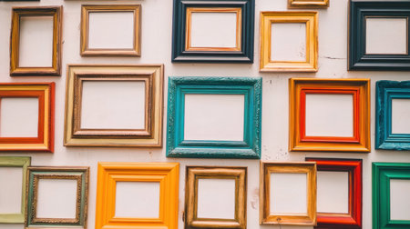 A vibrant collection of various picture frames in multiple colors and styles, perfect for creating unique displays or enhancing home decor.の素材