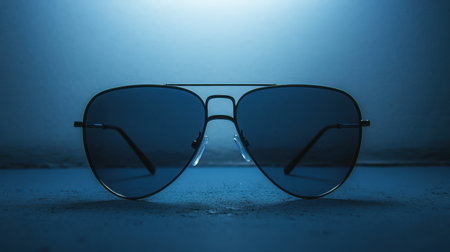 This image showcases a pair of stylish sunglasses set against a captivating blue background, emphasizing modern design and summer vibes, perfect for fashion-related projects.の素材