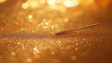 A stunning macro shot featuring a solitary gold needle resting on a shimmering golden surface, creating a beautiful bokeh effect, ideal for artistic projects.の素材