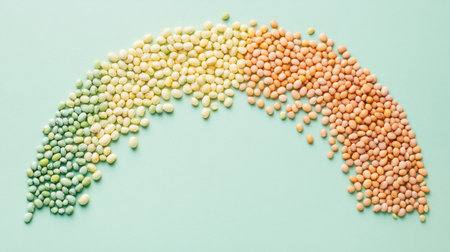 A vibrant and artistic arrangement of edible seeds organized in a gradient pattern resembling a rainbow on a pastel background. Perfect for fresh food themes.の素材