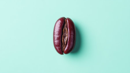 A striking close-up of a single red coffee bean set against a soft turquoise background, highlighting its unique texture and color ideal for culinary applications.の素材