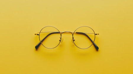 This image showcases a chic pair of round glasses with a thin gold frame set against a vibrant yellow background, ideal for fashion and eye accessory themes.の素材