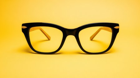A pair of stylish vintage eyeglasses showcases a unique design on a vibrant yellow background, perfect for fashion and accessory presentations.の素材