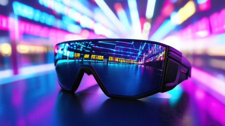 A stylish pair of futuristic sunglasses capturing vibrant neon reflections, showcasing innovative design and modern aesthetic, ideal for urban explorers.の素材