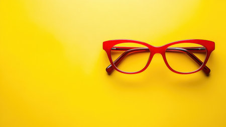 A pair of bright red glasses rests against a vibrant yellow background, combining bold colors for a striking and stylish visual impact. Ideal for creative projects.の素材