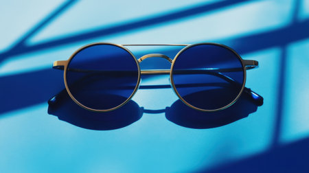 A striking pair of round sunglasses with blue lenses rests on a vivid blue background, creating intriguing shadows and reflections, perfect for fashion visuals.の素材