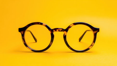 A pair of stylish round tortoise shell glasses featuring clear lenses, elegantly displayed against a vibrant yellow background, perfect for fashion and accessory enthusiasts.の素材