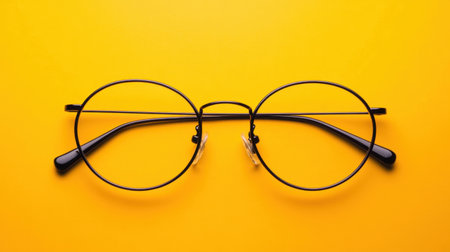 This image showcases stylish round black glasses placed on a bright yellow background, perfect for emphasizing trendy eyewear and modern fashion accessories.の素材