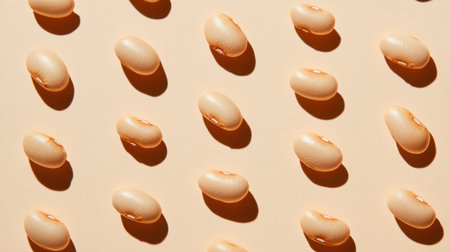 This image features a uniform arrangement of smooth beige beans against a soft colored background, ideal for culinary design and artistic projects.の素材