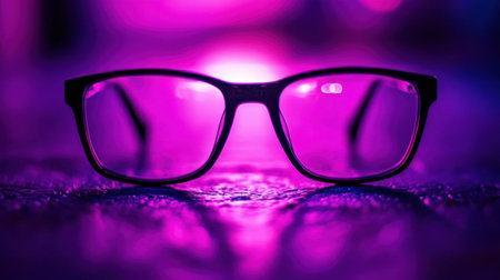 A striking pair of stylish glasses captures attention with its reflective surface and vibrant purple lighting, showcasing modern design and artistic flair.の素材